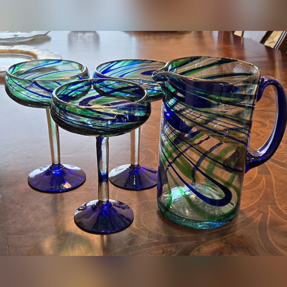Mexican Hand Blown Glass Blue and Green Swirl Margarita Set